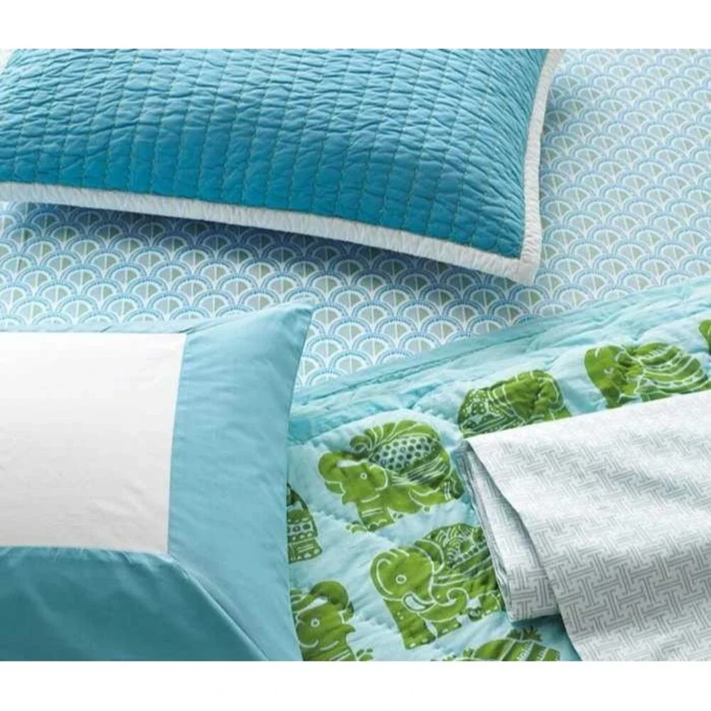 (2) Serena & Lily Euro Pillow Shams Set Cabin Quilted Aqua Turquoise Lime White
